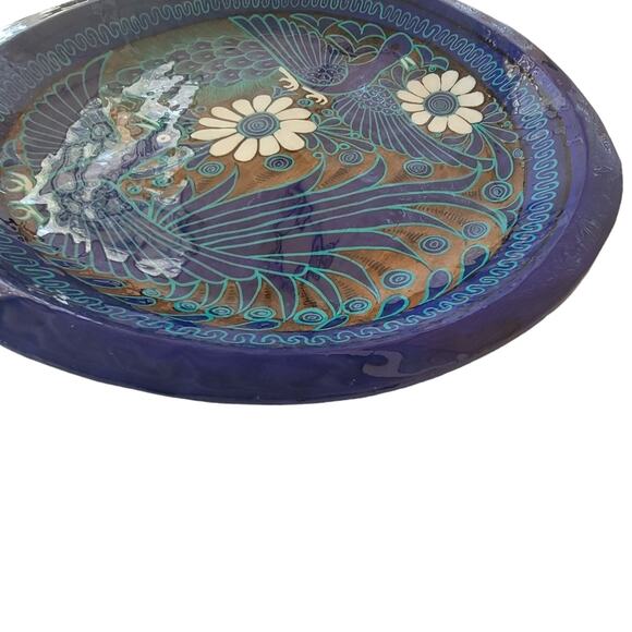 Cobalt Blue Hand Painted, Signed & Sealed Peacock Floral Art Wooden Plate Art - Picture 4 of 6